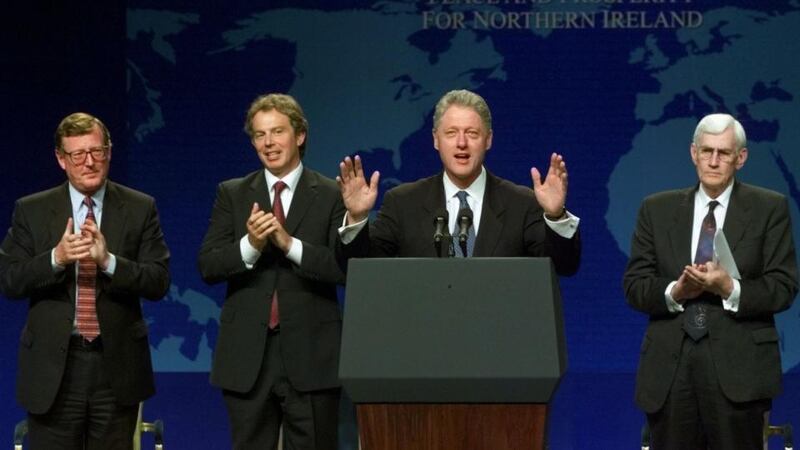 Stormont, 1998: President Clinton, flanked by David Trimble, Tony Blair and Seamus Mallon, gives his keynote address. Photograph: Doug Mills/AP