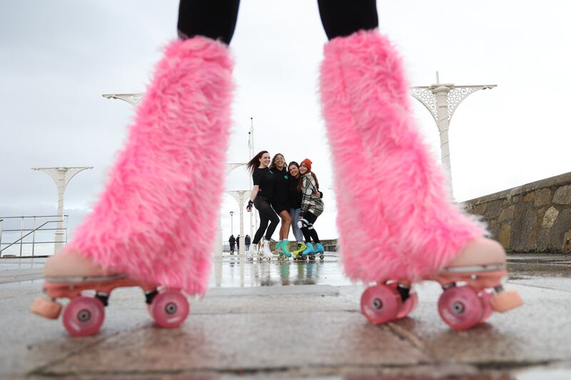 Huns of Anarchy skate group in Dun Laoghaire:  Anita Mernagh, Haelee Reis, Lynsey Mac Gowan and Elysee Yhuel (pink leggings Cliodhna Ni Mheadhra).  Photograph Nick Bradshaw/ The Irish Times