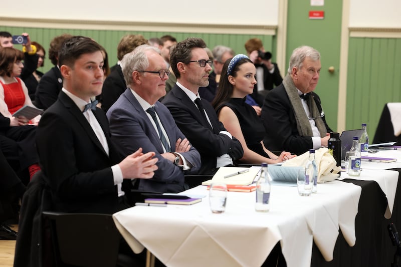 Adjudication panel Hugh Guidera BL, Prof Geert Dewulf, Irish Times editor Ruadhán Mac Cormaic, Ceara Tonna-Barthet, and Prof Brent Northup at Queen's University Belfast on Friday evening.  Photograph: Stephen Davison/Pacemaker