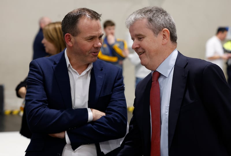 Sinn Féin's John Brady and Fine Gael's Edward Timmins at the count centre in the early hours. Photograph Nick Bradshaw
