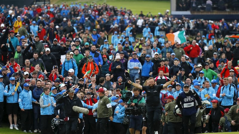 Shane Lowry of Ireland celebrates on the 18th green during the final round Open Championship on the Dunluce Links at Royal Portrush. Photograph: Kevin C Cox/Getty