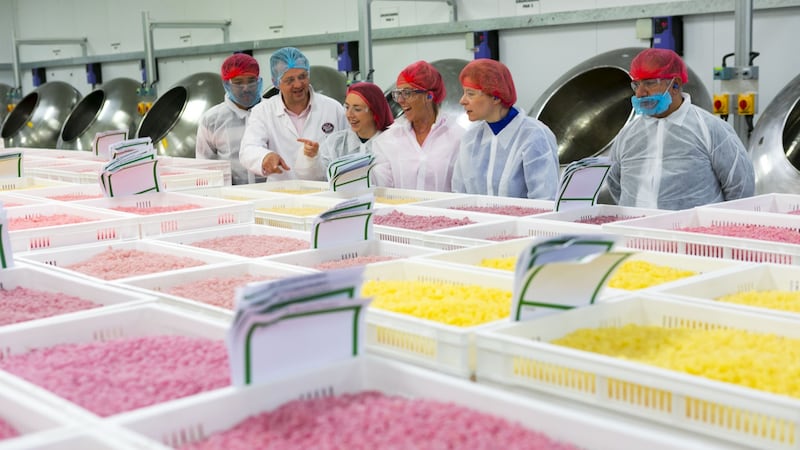 Confectionery buyer, Riyas Neduvanchery from Bahrain; Niall Tonge of The Jelly Bean Factory; Caroline Corr of Bord Bia; Sile Sweeney, Southern Cross, Dubai;  Orla Donohoe, Bord Bia, and confectionery buyer, Prakash Bhojwani, Dubai at The Jelly Bean Factory in Dublin.