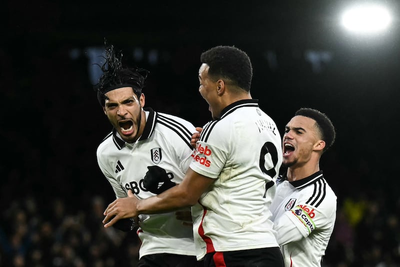 Raúl Jiménez celebrates with team-mates after scoring Fulham's second goal against Ipswich at Craven Cottage. Photograph: Ben Stansall/AFP via Getty Images