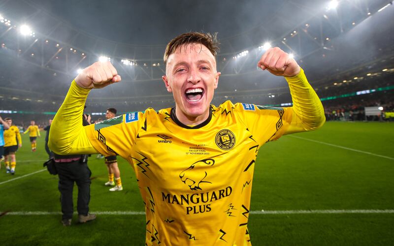 St Pats’ Chris Forrester celebrates after the FAI Cup final. Photograph: Ryan Byrne/Inpho