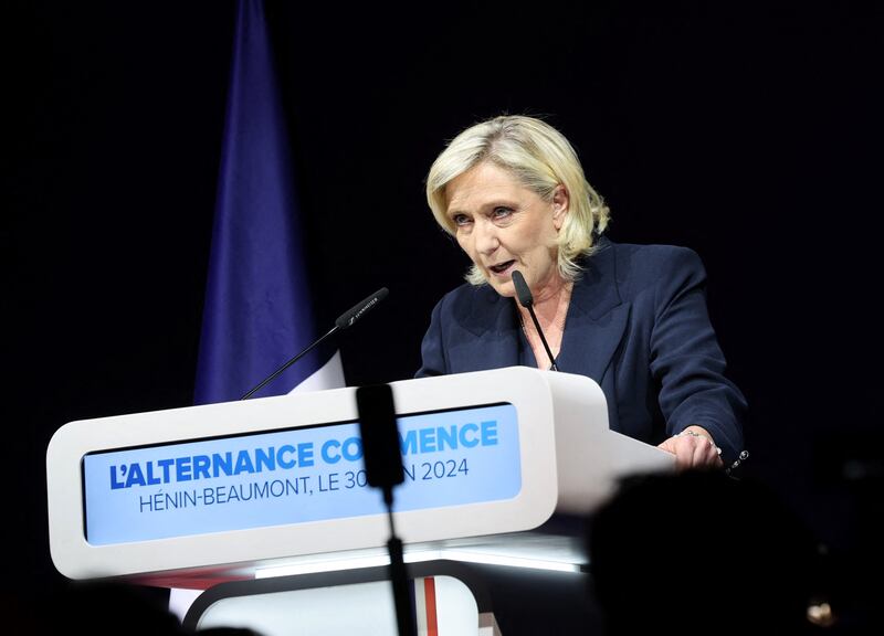 Marine Le Pen gives a speech during the results evening of the first round of the parliamentary elections on Sunday. Photograph: Francois Lo Presti/AFP via Getty