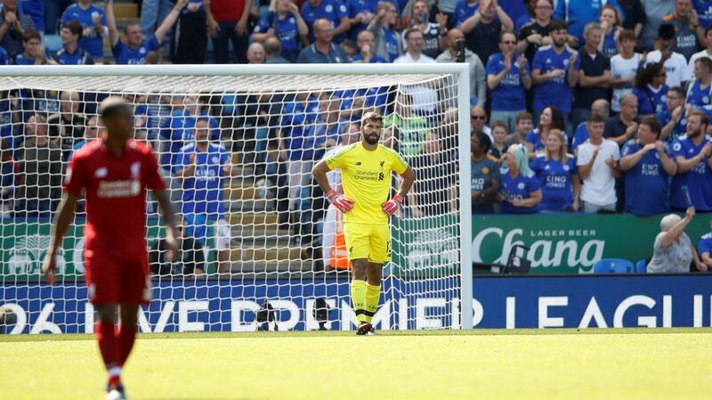 Liverpool goalkeeper Alisson after his mistake gifted Leicester a goal in the second half. Photograph: Carl Recine/Reuters