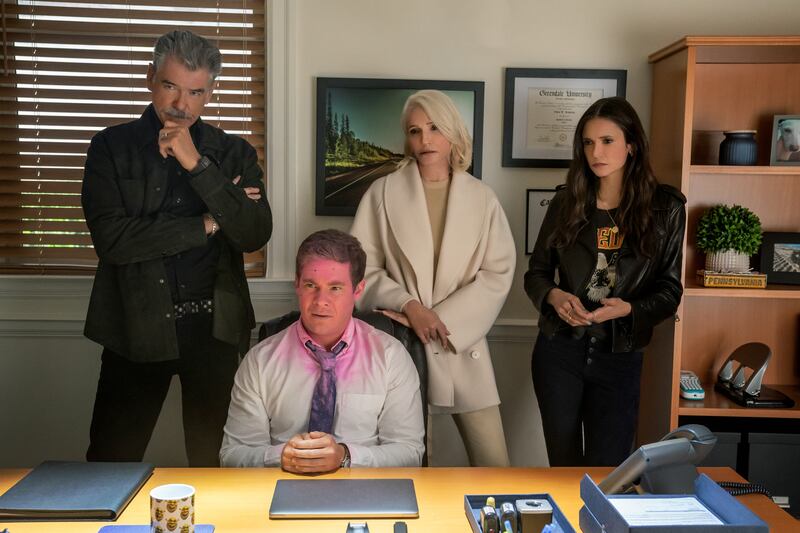 Pierce Brosnan, Adam DeVine, Ellen Barkin and Nina Dobrev in The Out-Laws. Photograph: Scott Yamano/Netflix © 2023.