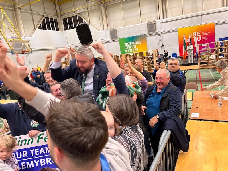 Sinn Féin’s Conor McGuinness is raised aloft in Waterford after his election. Photograph: Kevin O’Sullivan