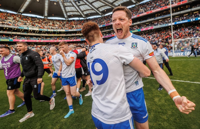 Monaghan’s Conor McManus celebrates at the final whistle with Seán Jones after beating Armagh in the All-Ireland Senior Championship Quarter-Final at Croke Park. Photograph: James Crombie/Inpho