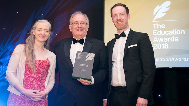 Dr. Matt Cottrell, Head of School of Mechanical, Electrical and Process Engineering, Cork Institute of Technology presents the International College Achievement Award to Steven Roberts & Alice Childs, Griffith College.