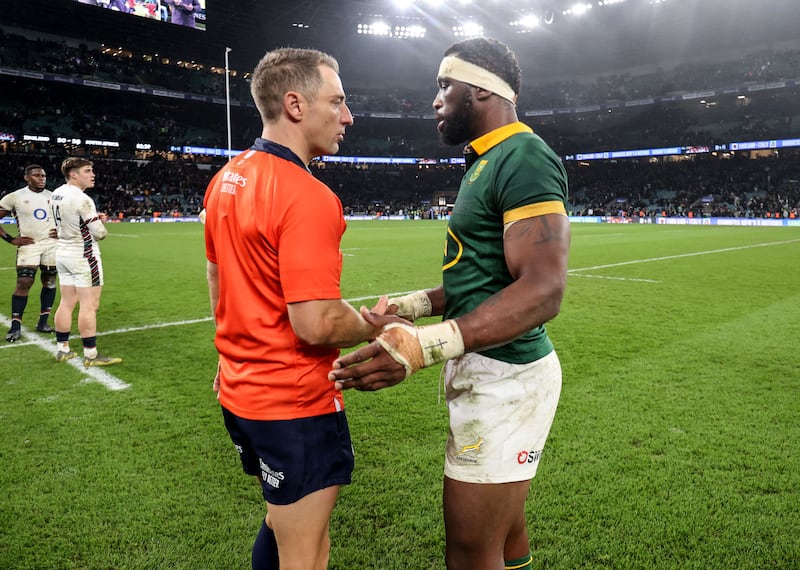 England vs South Africa: Referee Andrew Brace showed a welcome change in his communication, far less of it paid off. Photograph: Andrew Fosker/Inpho