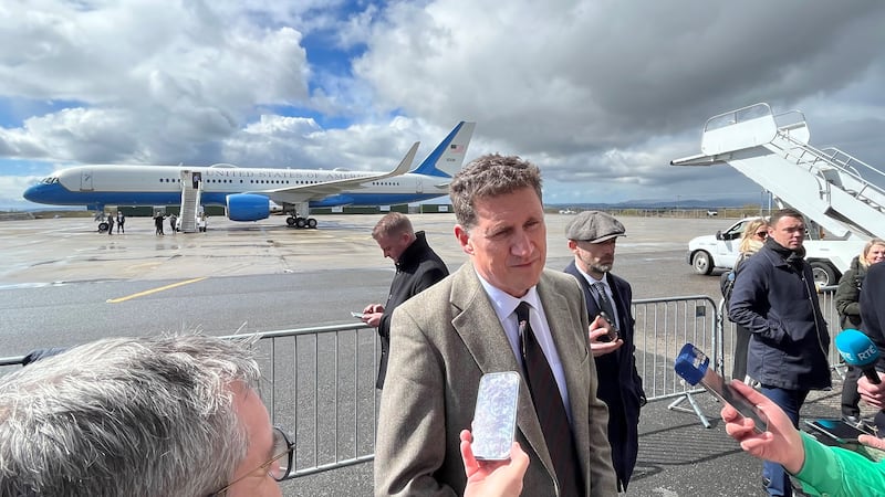 Transport minister Eamon Ryan speaks to reporters, as US President Joe Biden arrives at Ireland West Airport Knock, in County Mayo, on the last day of his visit to the island of Ireland. Picture date: Friday April 14, 2023.