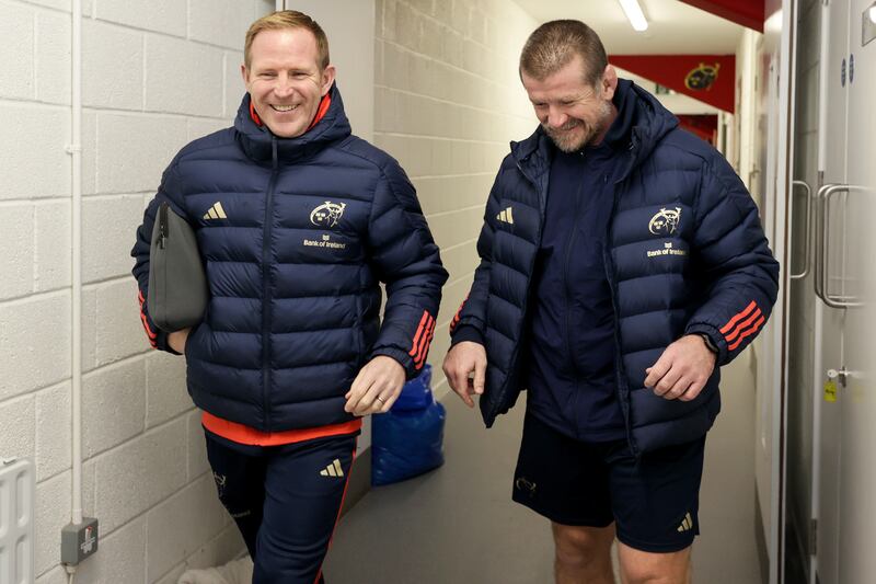 Munster attack coach Mike Prendergast and head coach Graham Rowntree at the Munster vs Glasgow Warriors game in Musgrave Park. Photograph: Laszlo Geczo/Inpho