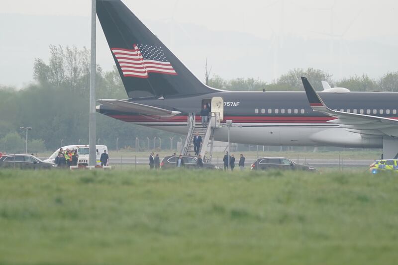 Former US president Donald Trump descending the steps of the Trump plane at Shannon airport on Wednesday. Photograph: Niall Carson/PA Wire 