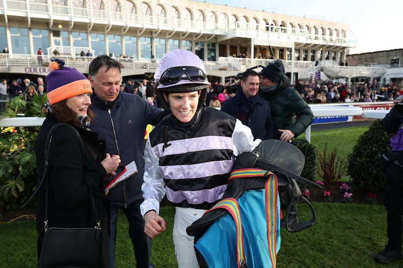 Jockey, Rachael Blackmore and Trainer Henry De Bromhead after July Flower  won the Beat The Bank.ie Irish EBF Mares Hurdle during day four of the Christmas Festival at Leopardstown Racecourse in Dublin, Ireland. Picture date: Sunday December 29, 2024. PA Photo. See PA story RACING Leopardstown. Photo credit should read: Damien Eagers/PA Wire.

RESTRICTIONS: Use subject to restrictions. Editorial use only, no commercial use without prior consent from rights holder.