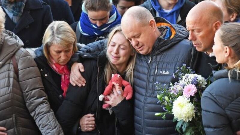 Leanne O’Brien, the girlfriend of Jack Merritt, is comforted by family members during a vigil at The Guildhall in Cambridge to honour him and Saskia Jones, both killed in Friday’s London Bridge attack. Photograph: Joe Giddens/PA