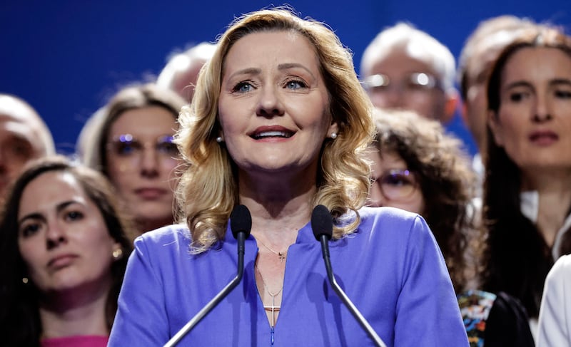 Elena Lasconi, leader of the Save Romania Union party and presidential candidate, addresses supporters in Bucharest. Photograph: Robert Ghement/EPA