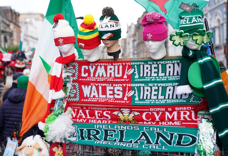 Merchandise for sale ahead of the Guinness Men's Six Nations match at the Principality Stadium, Cardiff. Photograph: Joe Giddens/PA Wire