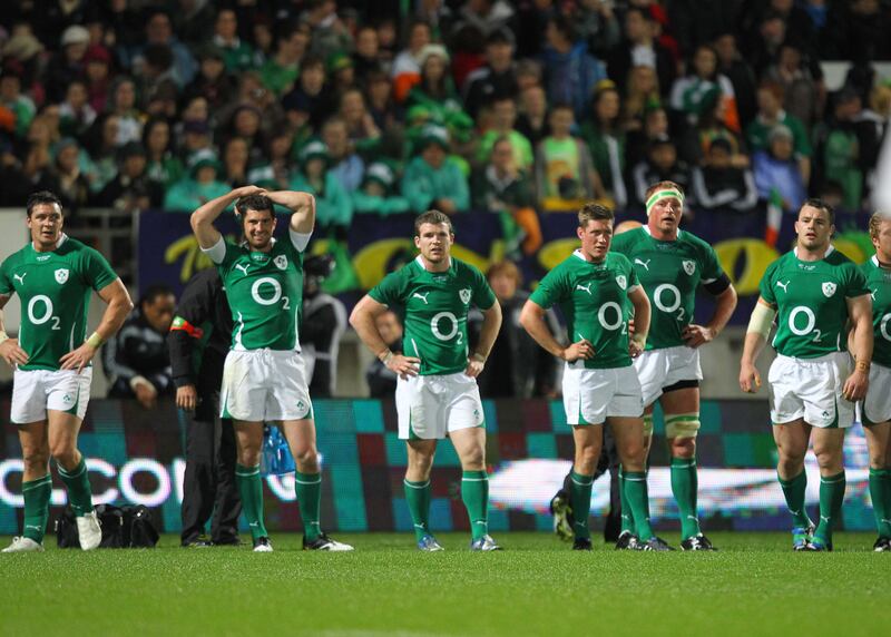 A dejected David Wallace, Rob Kearney, Gordon D'Arcy, Ronan O'Gara, Mick O'Driscoll and Cian Healy following defeat to New Zealand in 2010. Photograph: Billy Stickland/Inpho 