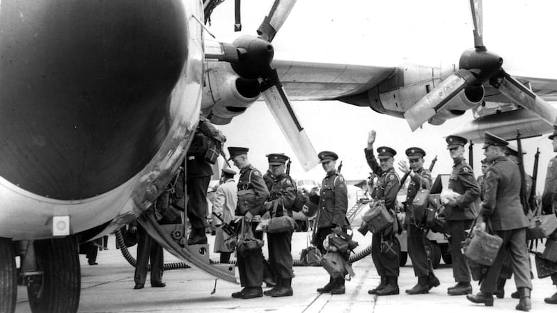 Irish soldiers boarding a flight from Baldonnel for Congo as part of the 1960 UN mission, in which nine would die in an ambush at Niemba