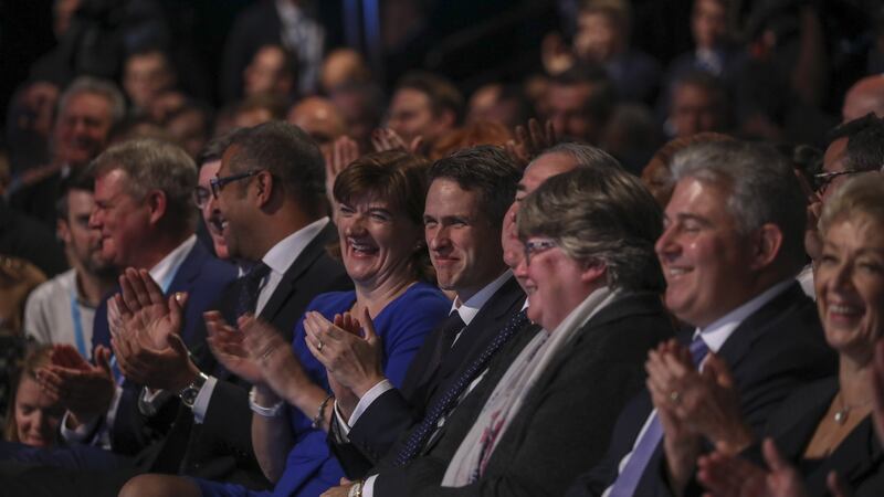 Members of the British cabinet including, from centre left, Nicky Morgan, Gavin Williamson,  Geoffrey Cox,  Therese Coffey,  Brandon Lewis,  and Andrea Leadsom enjoying Boris Johnson’s address to the  Conservative party conference in Manchester  on Wednesday. Photograph: Chris Ratcliffe/Bloomberg