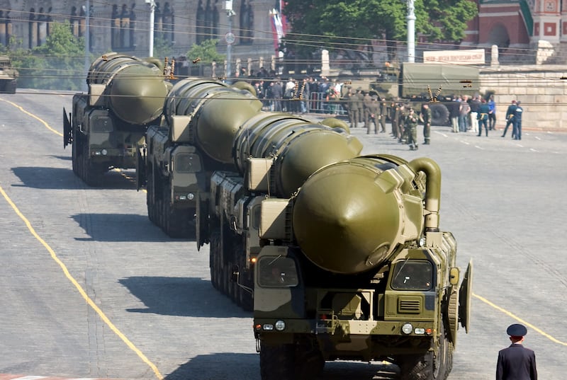 A convoy of nuclear weapons rehearse for a parade in Moscow, Russia, 2008.