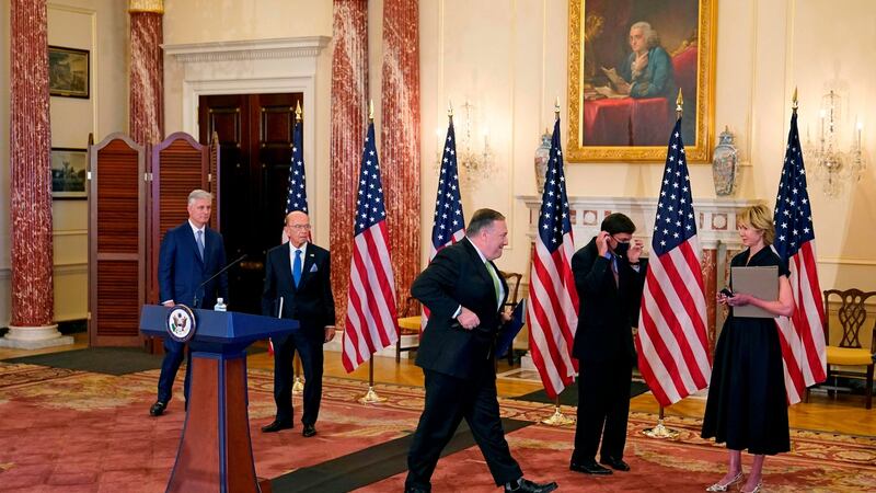 US secretary of state Mike Pompeo speaks during a news conference to announce the Trump administration’s restoration of sanctions on Iran, on September 21, 2020, at the US State Department in Washington. Photograph: Patrick Semansky/POOL/AFP via Getty Images