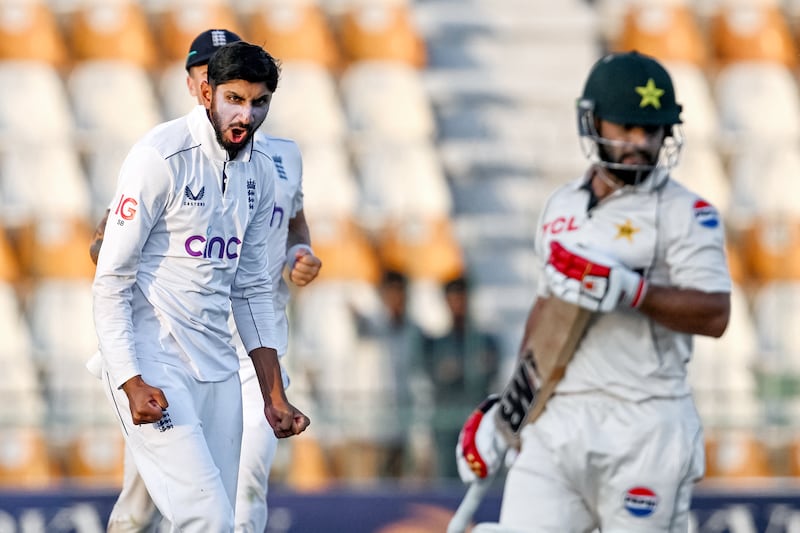 England's Shoaib Bashir celebrates after taking the wicket of Pakistan's Kamran Ghulam during the first day of the second Test cricket in Multan. Photograph: Farooq Naeem/AFP via Getty Images