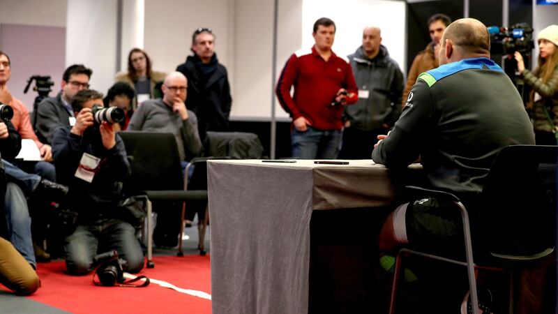 Ireland captain Rory Best faces the media after the victory over France at the Stade de France in February 2018. Photograph:  Dan Sheridan/Inpho