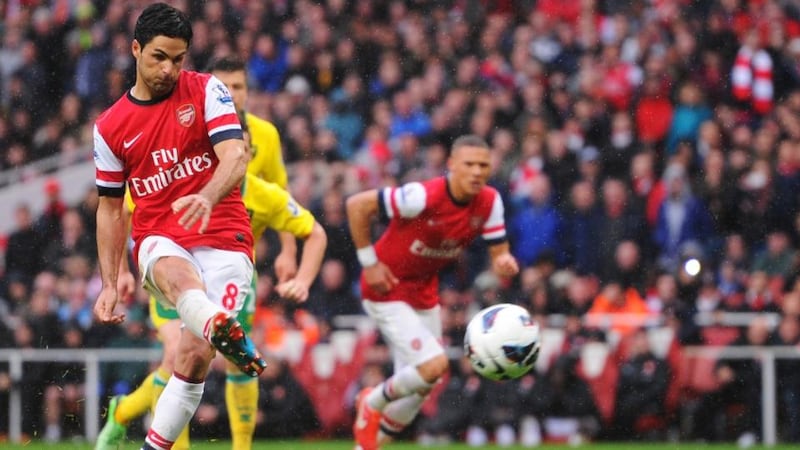 Mikel Arteta of Arsenal equalises from the spot against Norwich City at Emirates Stadium. Photograph: Mike Hewitt/Getty Images