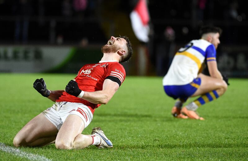 Rory Brennan of Trillick celebrates at the final whistle. Photograph: Andrew Paton/Inpho