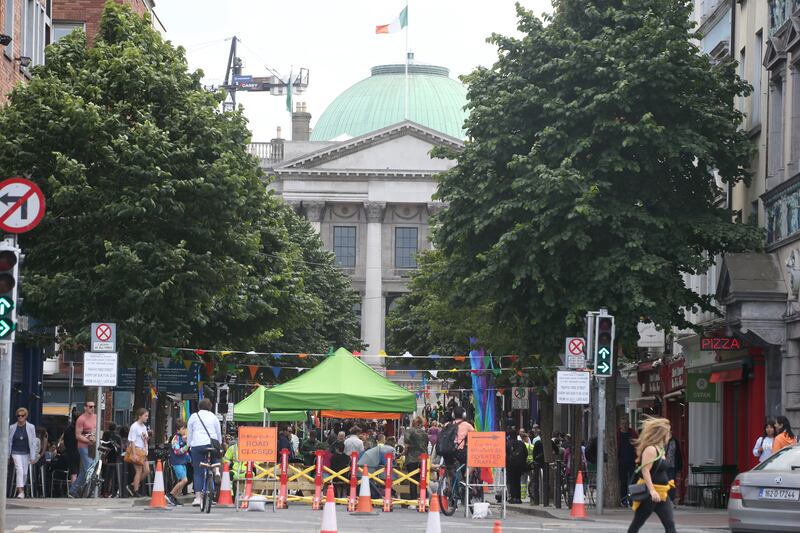 Dublin’s Parliament Street closed to traffic in July 2023. Photograph: Stephen Collins/Collins Photos