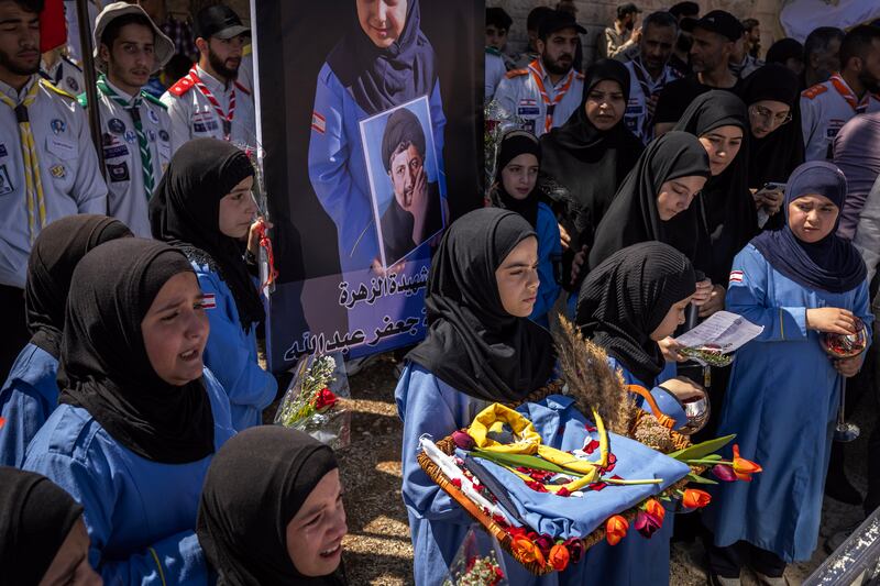 Mourners at the funeral for nine-year-old Fatima Abdullah, who was killed when a pager exploded on Tuesday. Photograph: Diego Ibarra Sánchez/New York Times