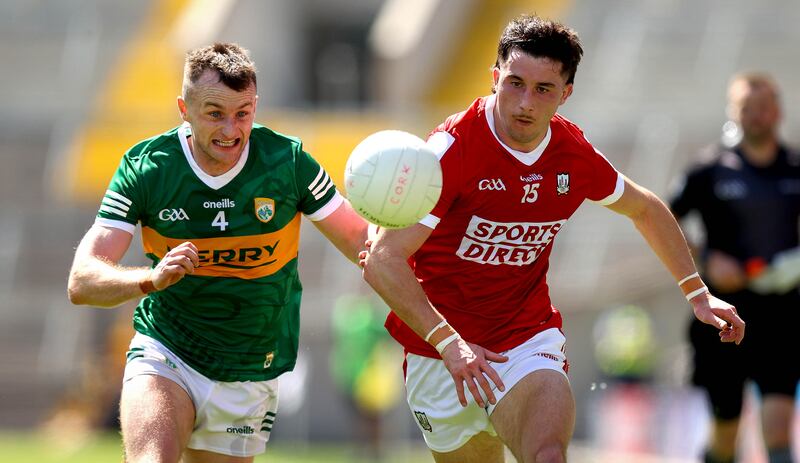 Cork’s Chris Óg Jones and Tom O'Sullivan of Kerry during the All-Ireland SFC Round 2 clash Páirc Uí Chaoimh on Saturday, Photograph: Ryan Byrne/Inpho