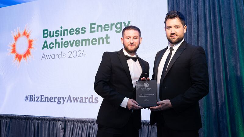 Adam Kane, community lead at Business River, presents the best energy achievement in tourism and entertainment award to Colin O’Brien, Croke Park