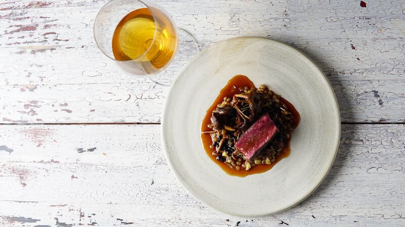 The winner’s main course dish of roast loin of Sika deer with barley risotto and Douglas fir double IPA.