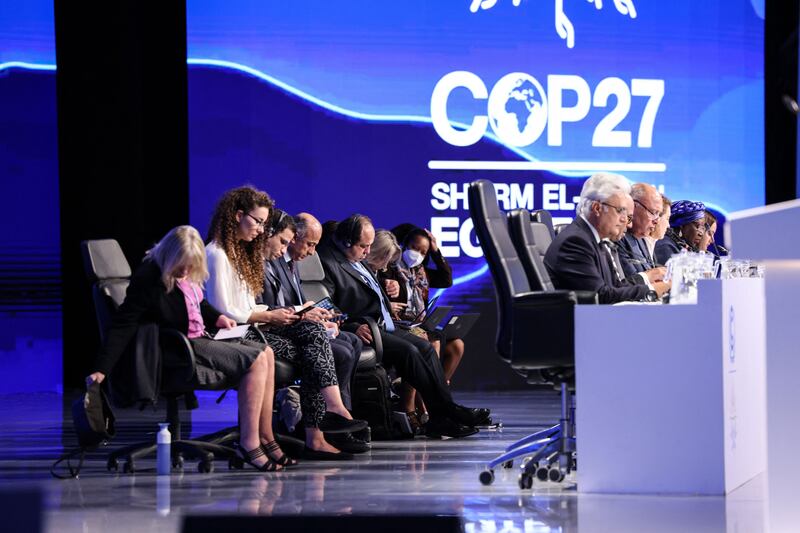 Egypt's foreign inister Sameh Shukri, heads the closing session of the COP27 climate conference, at the Sharm el-Sheikh International Convention Centre in Egypt's Red Sea resort city.  Photograph: Joseph Eid/AFP/Getty