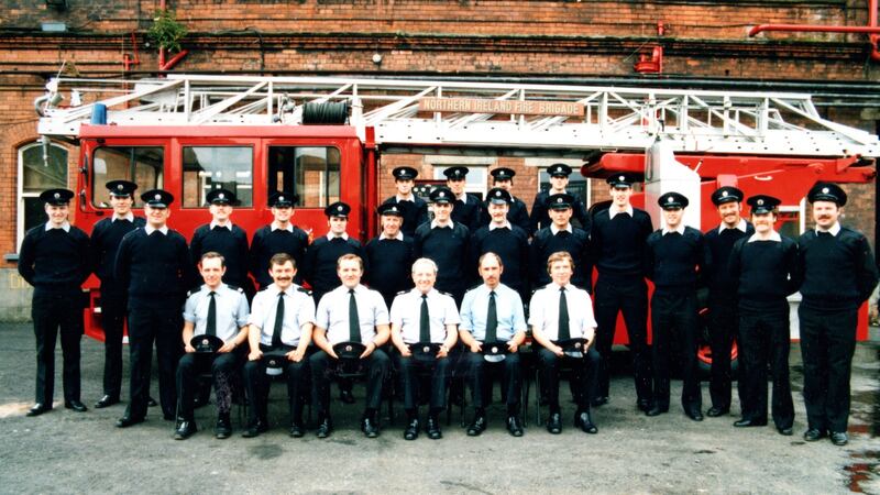 Author John Wilson, far left, circa 1985, part  of White Watch, Central Fire Station, Belfast.