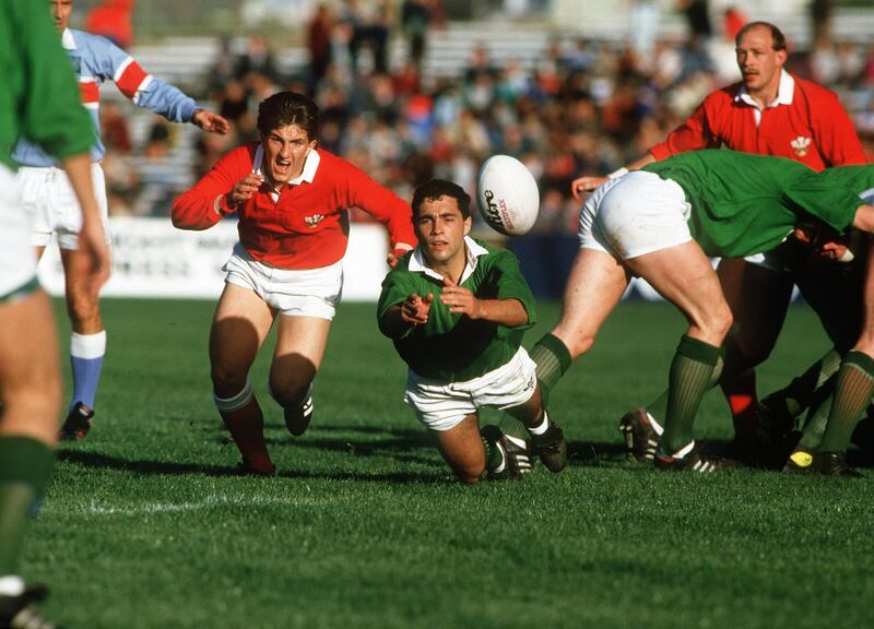 At the 1987 Rugby World Cup Ireland's Michael Bradley passes as Wales's Robert Jones moves in. File photograph: Inpho