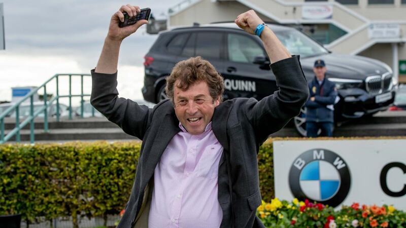 Trainer Ado McGuinness celebrates Saltonstall’s win at Ballybrit. Photograph: Morgan Treacy/Inpho