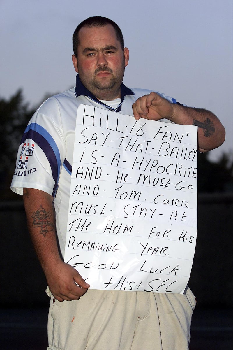 A Dublin fan makes his views clear after county chairman John Bailey used his casting vote to oust Tommy Carr from the manager's job in 2001. Photograph: Patrick Bolger/Inpho 