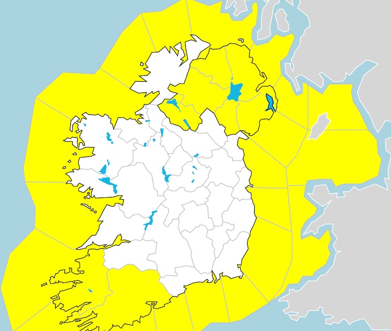 A Met Éireann map shows weather warnings for Tuesday, including a rainfall warning for Cork and Kerry until 6am Wednesday