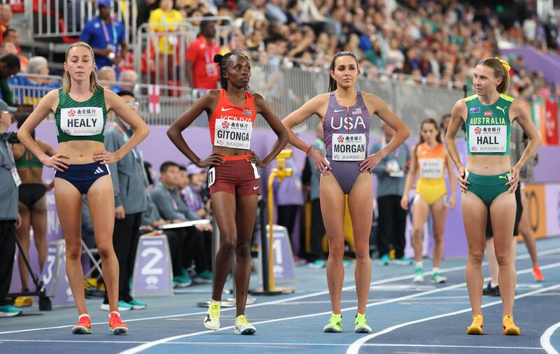 Sarah Healy of Team Ireland, Purity Kajuju Gitonga of Team Kenya, Whittni Morgan of Team United States and Linden Hall of Team Australia before the women's 3000m final on day two of the World Athletics Indoor Championships. Photograph: Lintao Zhang/Getty Images