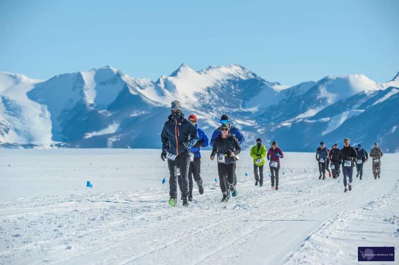 Competitors taking part in the Antarctic Ice Marathon. Photograph: Antarctic Ice Marathon