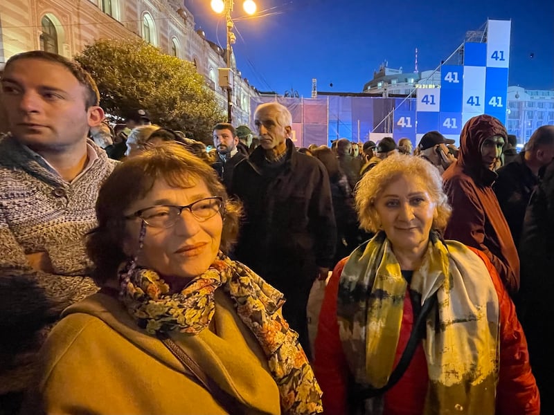 Marina and Nino, supporters of Georgia's ruling party Georgian Dream, at an election rally in Tbilisi on Wednesday. Photograph: Daniel McLaughlin 