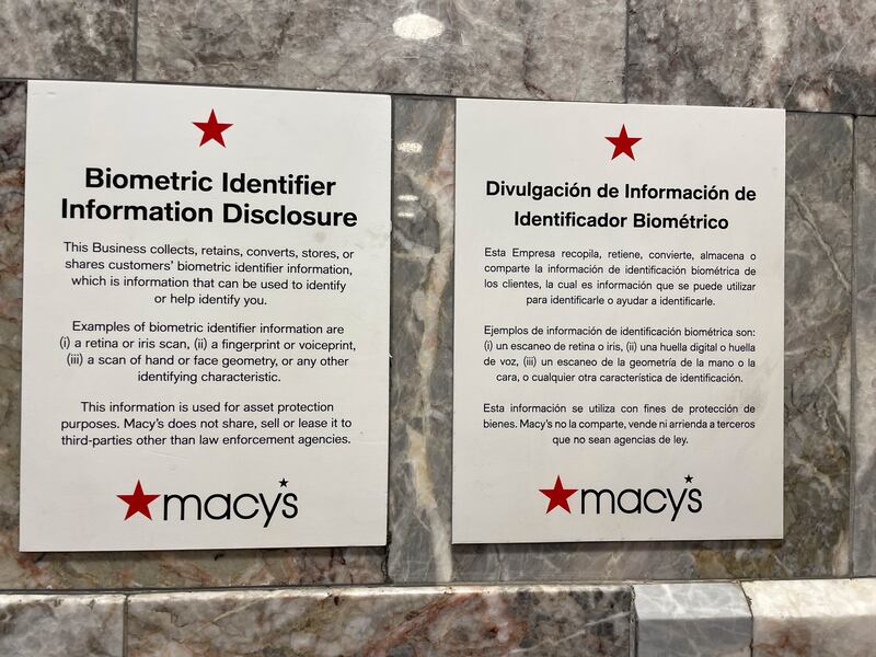 A sign disclosing use of facial recognition technology instore earlier this year at an entrance to Macy's retail store in New York City. Photograph: Kashmir Hill/The New York Times