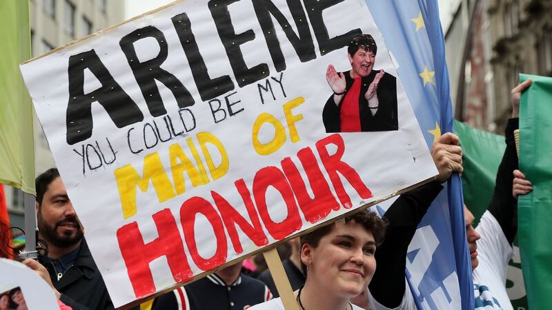 One of the placards on display at the march in Belfast city centre demanding same sex marriage in Northern Ireland.  Photograph: Brian Lawless/PA