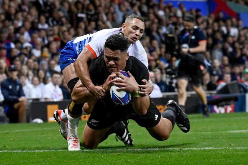 New Zealand vs Namibia: All Black Caleb Clarke scores yet another try.
Photograph: Photosport/Andrew Cornaga