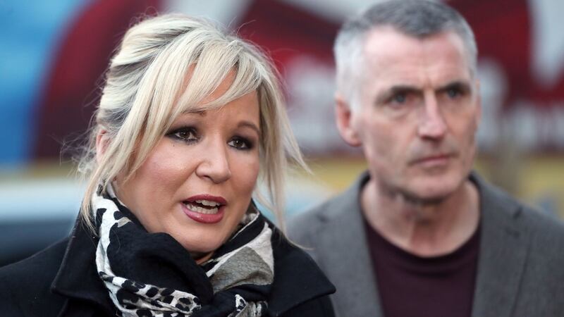 Michelle O’Neill and  Declan Kearney speaking  outside Sinn Féin’s headquarters on the Falls Road,  Belfast last week. Photograph: Niall Carson/PA Wire