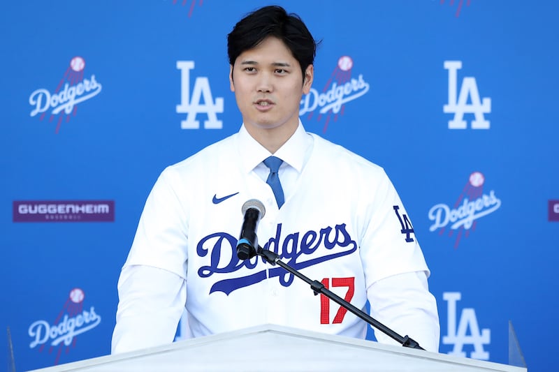 Shohei Ohtani of the Los Angeles Dodgers speaks to the media at Dodger Stadium in California on December 14th. Photograph: Meg Oliphant/Getty Images